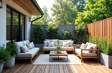 Fototapeta premium Stylish modern terrace offers relaxing area with comfy furniture. Cozy outdoor space with light beige furniture. Deck flooring, wooden fence enhance stylish design. Green potted plants add natural