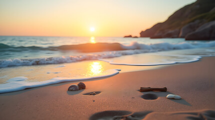 A breathtaking sunset hues the sky in vibrant oranges and purples, casting a warm glow on the tranquil waves and serene shoreline, embodying the beauty of nature's quiet moments.