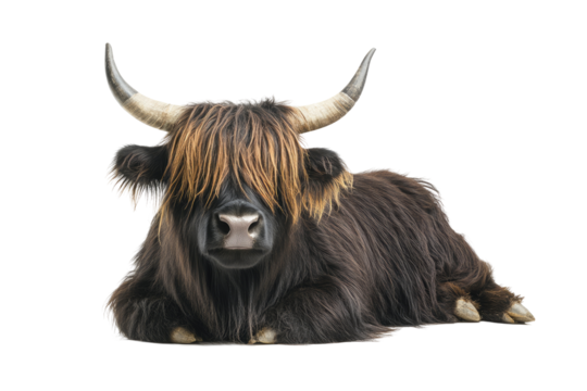 Long-haired yak with horns on transparent png background wildlife photography natural environment close-up view