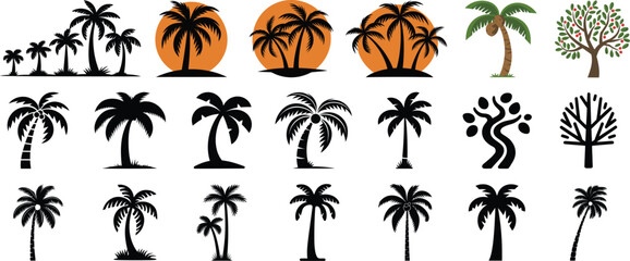 Palm Tree Icons Set. Simple Black and White Illustrations.