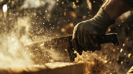 Carpenter skillfully sawing wood, creating handcrafted furniture. Experience precision woodworking with artisan techniques for sustainable home decor solutions.