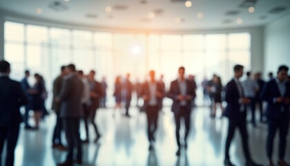 Blurred view of large group people networking at corporate event. Business people mingling and interacting in modern office space. Busy atmosphere. Professional gathering. Event taking place indoors.