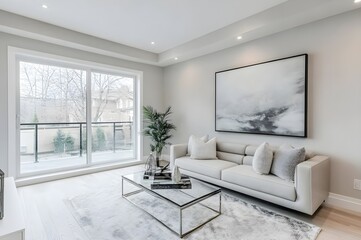 Mnimalist living room featuring a neutral color palette of whites, grays, and blacks.