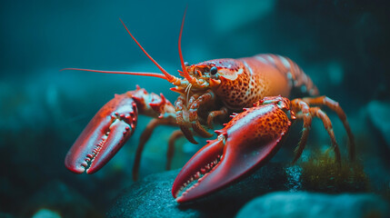 Lobster exploring rocky seafloor in clear ocean waters at dusk. 