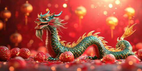 Statue of a dragon with glowing Chinese lanterns celebrating the Chinese New Year 2025, year of the Dragon, featuring golden lights and traditional festive decorations.
