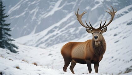 Fototapeta premium Un majestuoso ciervo con grandes astas de pie en un paisaje montañoso y nevado