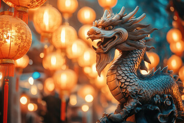 Fototapeta premium Statue of a dragon with glowing Chinese lanterns celebrating the Chinese New Year 2025, year of the Dragon, featuring golden lights and traditional festive decorations.