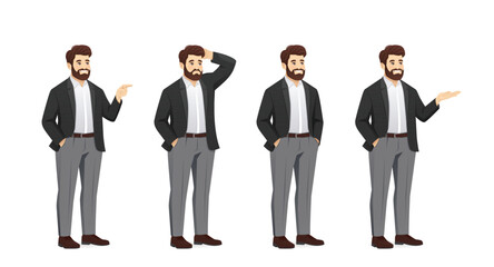 Set of handsome business man poses wearing casual clothes in half turn view. Isolated vector illustration
