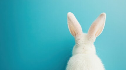 Obraz premium Cute White Rabbit with Fluffy Ears Against a Blue Background