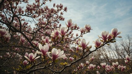 Obraz premium Magnolia tree in bloom. Branches of magnolia tree with abundance of flowers in spring time. Spring or gardening background.