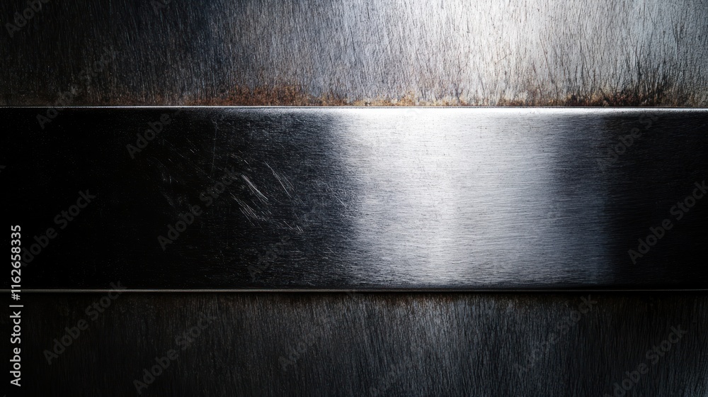 Poster a close-up of a brushed metal surface with a shiny horizontal band.