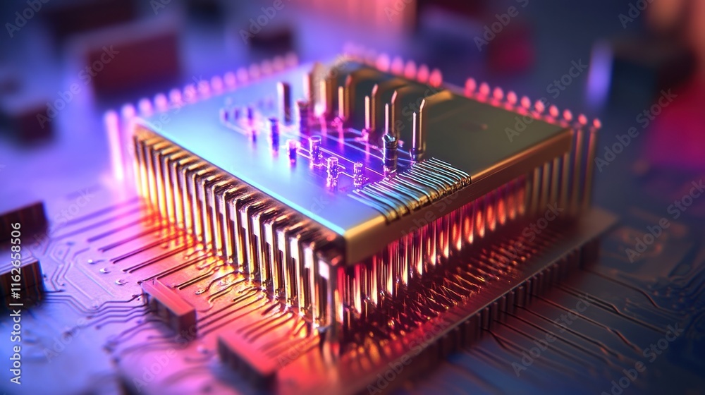 Fototapete A close-up of a colorful microchip on a circuit board, highlighting technology and innovation.