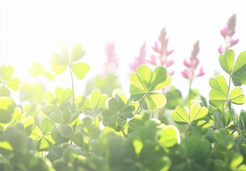 Obraz premium Vibrant Green Clover Leaves in Sunlight, Spring Nature Backdrop