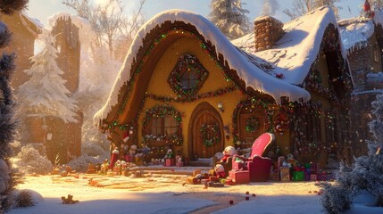 Fototapeta premium Cozy snow-covered cottage adorned with Christmas decorations, presents, and warm sunlight.