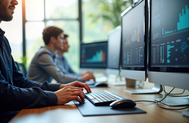 Group of men work at computers in modern office. Using computer tech to look at data on many screens. Focused, busy. Workspace image related to tech, business. Photo great for business tech themes