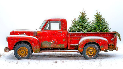 Christmas red retro truck with Christmas tree. Perfect for your Christmas and New Year project, invitations, greeting cards, wallpapers