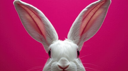 Obraz premium Cute White Rabbit with Large Ears Against a Vibrant Pink Background