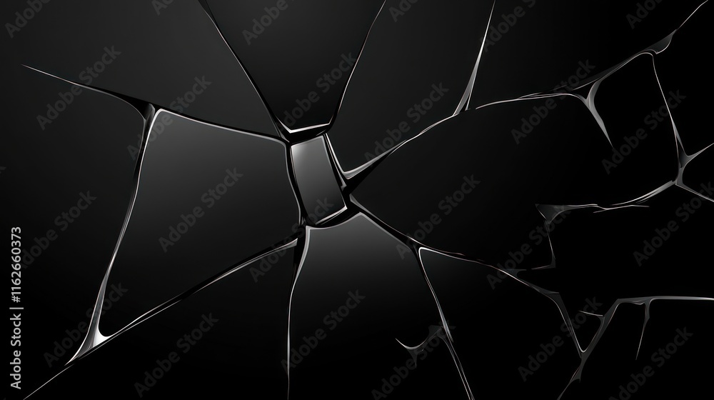 Poster a close-up of a shattered black surface, emphasizing cracks and reflections.