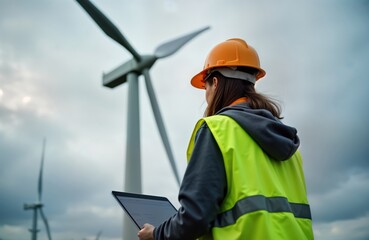 Engineer assesses wind turbine performance at renewable energy farm. Professional evaluating efficiency, eco impact. Focus on sustainable tech. Modern engineer uses tablet to analyze data in field
