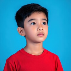 Curious young boy in a red shirt against blue background