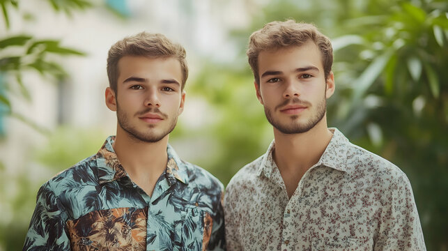 Identical twin men in casual shirts standing in urban park modern portrait composition