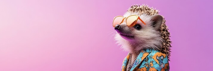 Adorable hedgehog wearing sunglasses and flashy suit on vibrant purple background