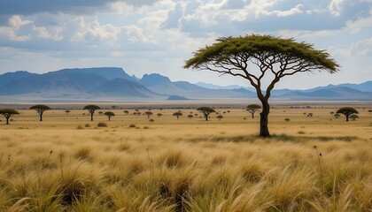 Obraz premium Expansive African Savanna Landscape with Majestic Tree