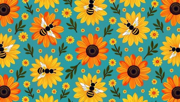 Groovy retro flowers, bees seamless pattern. Colorful sunflowers, daisies repeat in vibrant teal background. Honeybee aesthetic. Ideal for 70s 60s themed design. Endless motif suitable for various