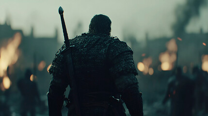Knight surveys battlefield remnants after fierce conflict in a war-torn landscape. Generative AI