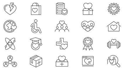 Fototapeta premium Charity line icon set. Care, assistance, sharing, volunteering, partnership, charity, care, help, empathy, donor, doctor, social, friendship line icon set. UI thin line icon pack.
