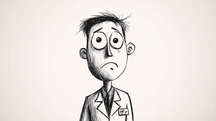 A minimalist black and white sketch of a concerned male scientist with wide eyes messy hair and a lab coat  
