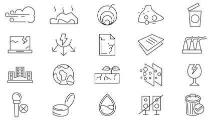 Pollution line icon set. garbage, dump, refuse, bin, sweep, litter, particles, respiratory hazard, dust dispersion, polluted atmosphere, microscopic line icon set. UI thin line icon pack.