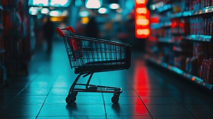 Empty shopping cart in a dimly lit grocery store aisle