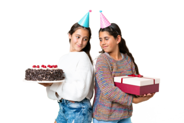 Friends girls holding gift and a birthday cake over isolated chroma key background looking over the shoulder with a smile