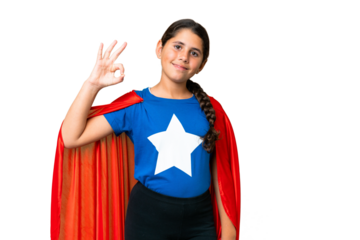 Super Hero girl over isolated chroma key background showing ok sign with fingers