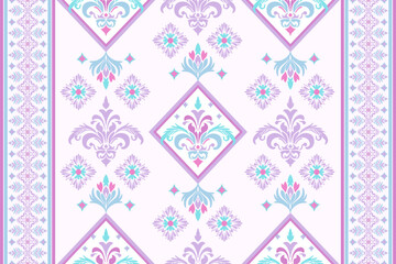 Bright and playful geometric floral pattern in lilac, turquoise, and pastel pink tones. Perfect for textile prints, invitations, spring and summer designs, and creative backgrounds.
