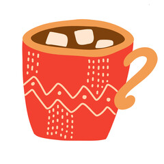 cup of ice coffee hot marshmallow in orange mug with pattern winter cozy mood digital sticker png transparent cutout element home