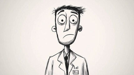 A hand-drawn black and white sketch of a worried male scientist in a lab coat with wide eyes and messy hair  
