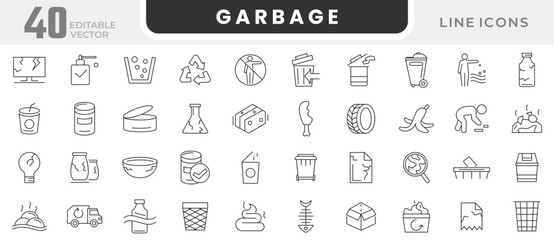 Garbage line icon set. Plastic bottles, biodegradable trash, junk truck, landfill, paper, glass, batteries, garbage disposal, trash separation line icon set. UI thin line icon pack.