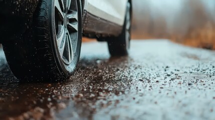 Spinning car wheel on wet road outdoor scene close-up photography dynamic motion rainy environment