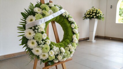 Floral wreath on a stand with white and green flowers in a serene funeral setting