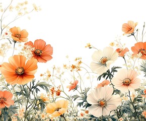 Vibrant orange and white flowers on white background.