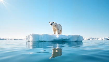 Lone polar bear standing on shrinking iceberg in arctic, save the planet. Earth Day, take care of the planet.  © Inna