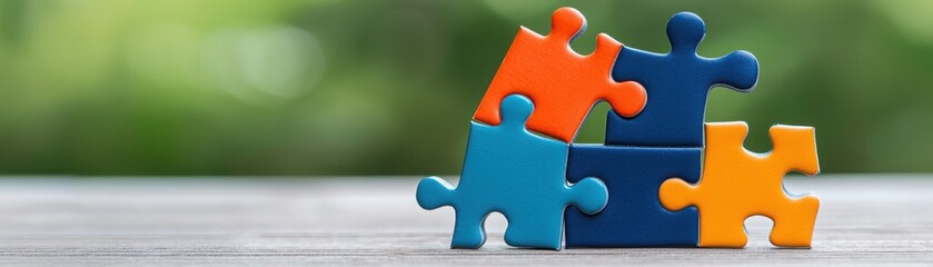 Colorful puzzle pieces stacked together, symbolizing problem-solving and creativity against a blurred natural background.