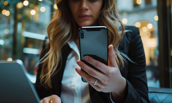 Professional businesswoman connecting digitally, using smartphone and laptop at urban cafe for two factor authentication, representing contemporary workplace productivity and global communication - AI