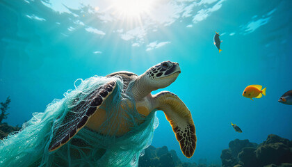 Obraz premium Turtle struggling in plastic net underwater, plastic pollution awareness. Earth Day, take care of the planet. 