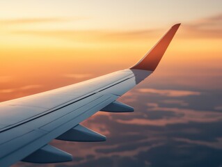 Airplane wing closeup during flight at sunset aerial view aviation photography calm environment