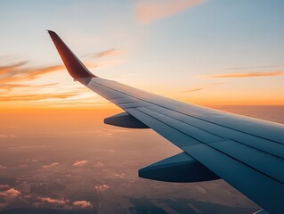 Obraz premium Airplane wing during flight at sunset aerial view travel photography serene environment