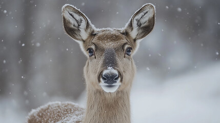 Majestic deer stands in freshly fallen snow during a gentle winter snowfall