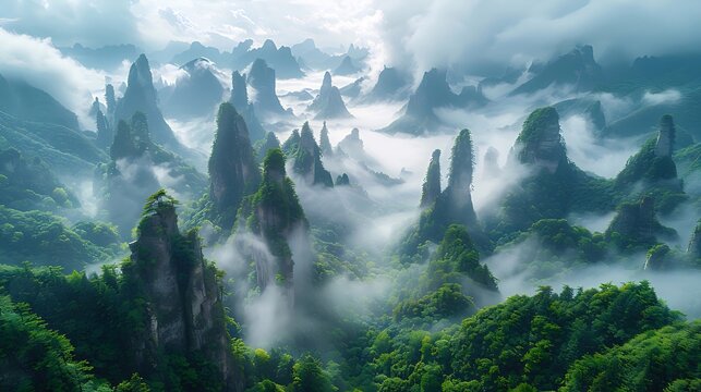 Misty mountain range with lush green vegetation, aerial view.